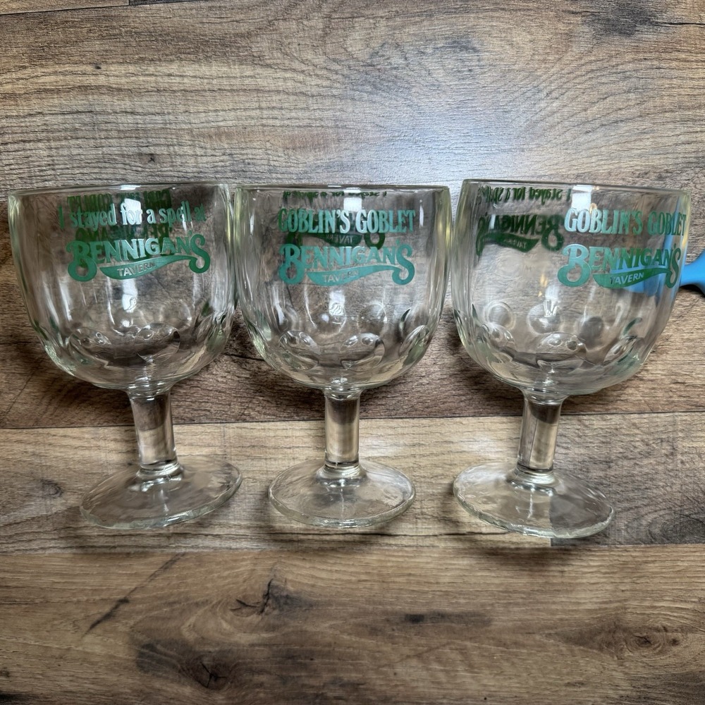 Lot of 3 Bennigan's Glass Goblet Stayed a Spell Thumbprint Tavern Bar Halloween